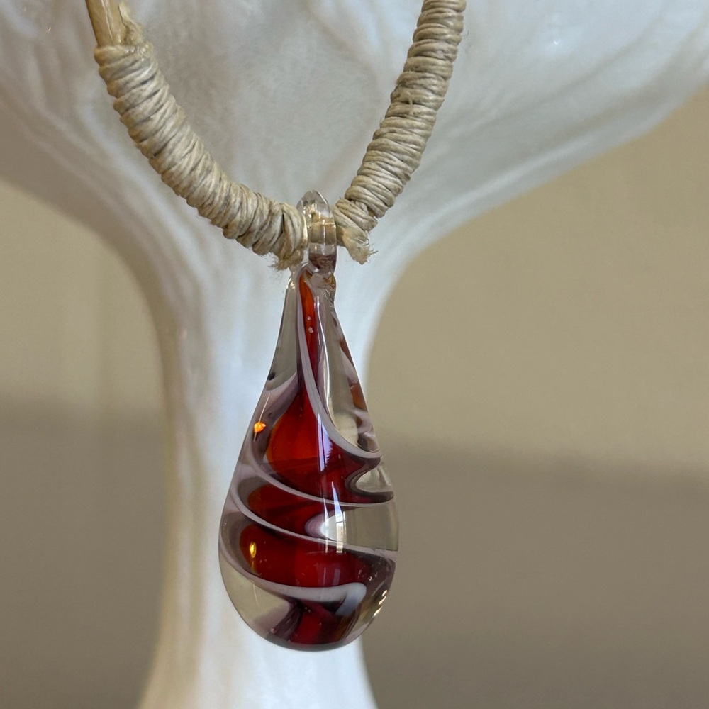 Hemp with Lampwork red swirled glass teardrop pendant